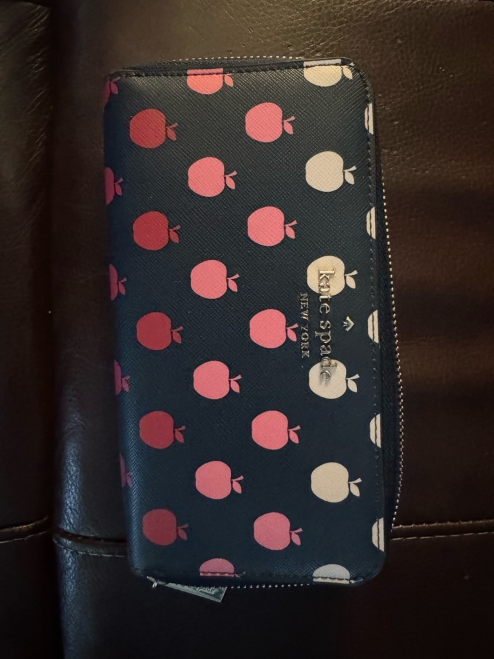 kate spade navy wallet with pink & cream apple print